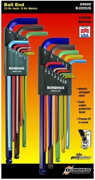 Bondhus BLX22XLCG 69600 Kľúč L (1.5-10)+(.050-3/8) mm/" INBUS s guličkou 22- dielna sada