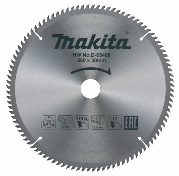 MAKITA D-65408 Kotúč pílový D 260 x 30 mm na drevo (100 HM zubov) 2.6 mm rez