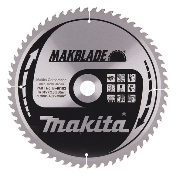 MAKITA MakBlade B-46193 Kotúč pílový D 315 x 30 mm na drevo (60 TCT zubov) 2.8 mm rez