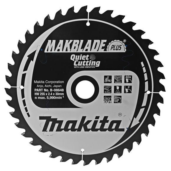 MAKITA MakBlade-Plus B-08648 Kotúč pílový D 255 x 30 mm na drevo (40 TCT zubov) 2.4 mm rez
