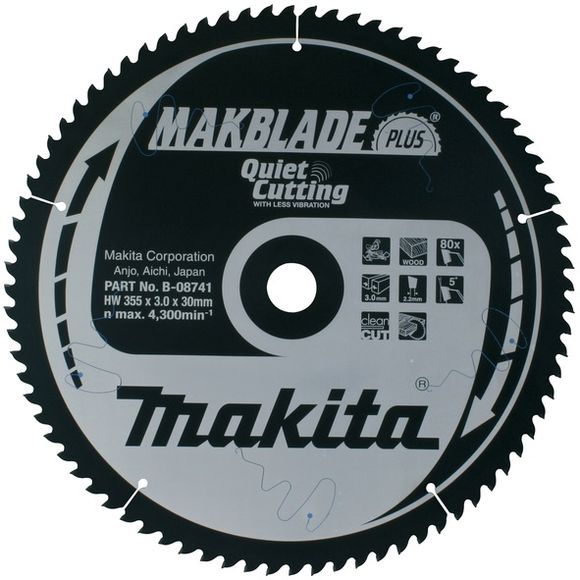 MAKITA MakBlade-Plus B-08741 Kotúč pílový D 355 x 30 mm na drevo (80 TCT zubov) 3.0 mm rez