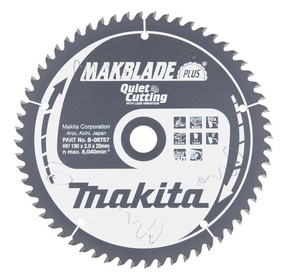 MAKITA MakBlade-Plus B-08757 Kotúč pílový D 190 x 20 mm na drevo (60 TCT zubov) 2.0 mm rez