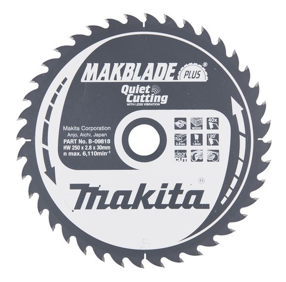 MAKITA MakBlade-Plus B-09818 Kotúč pílový D 250 x 30 mm na drevo (40 TCT zubov) 2.8 mm rez