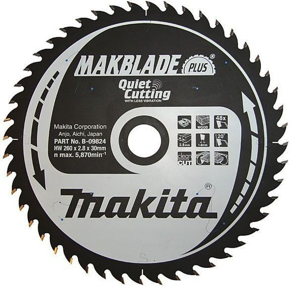 MAKITA MakBlade-Plus B-09824 Kotúč pílový D 260 x 30 mm na drevo (48 TCT zubov) 2.8 mm rez